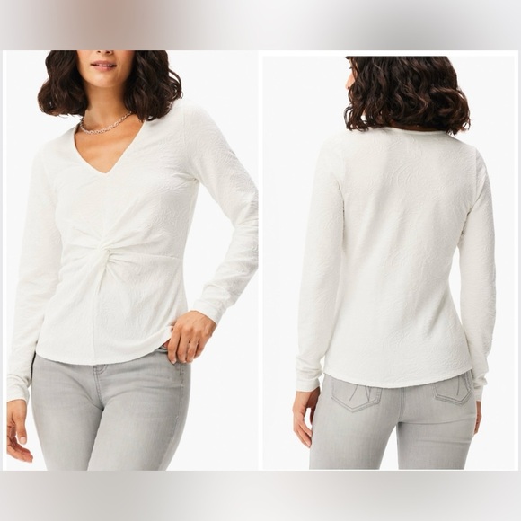 Nic+Zoe Twist Lace Knit, V-Neck, Fitted, Long Sleeve, Women’s, Milk White, Large - Picture 1 of 10
